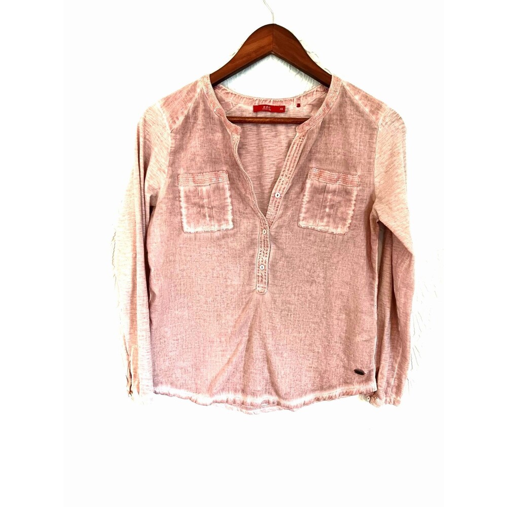 edc by Esprit XS Pink/Lavender Cotton Sequin Pocket Henley Long Sleeve Blouse